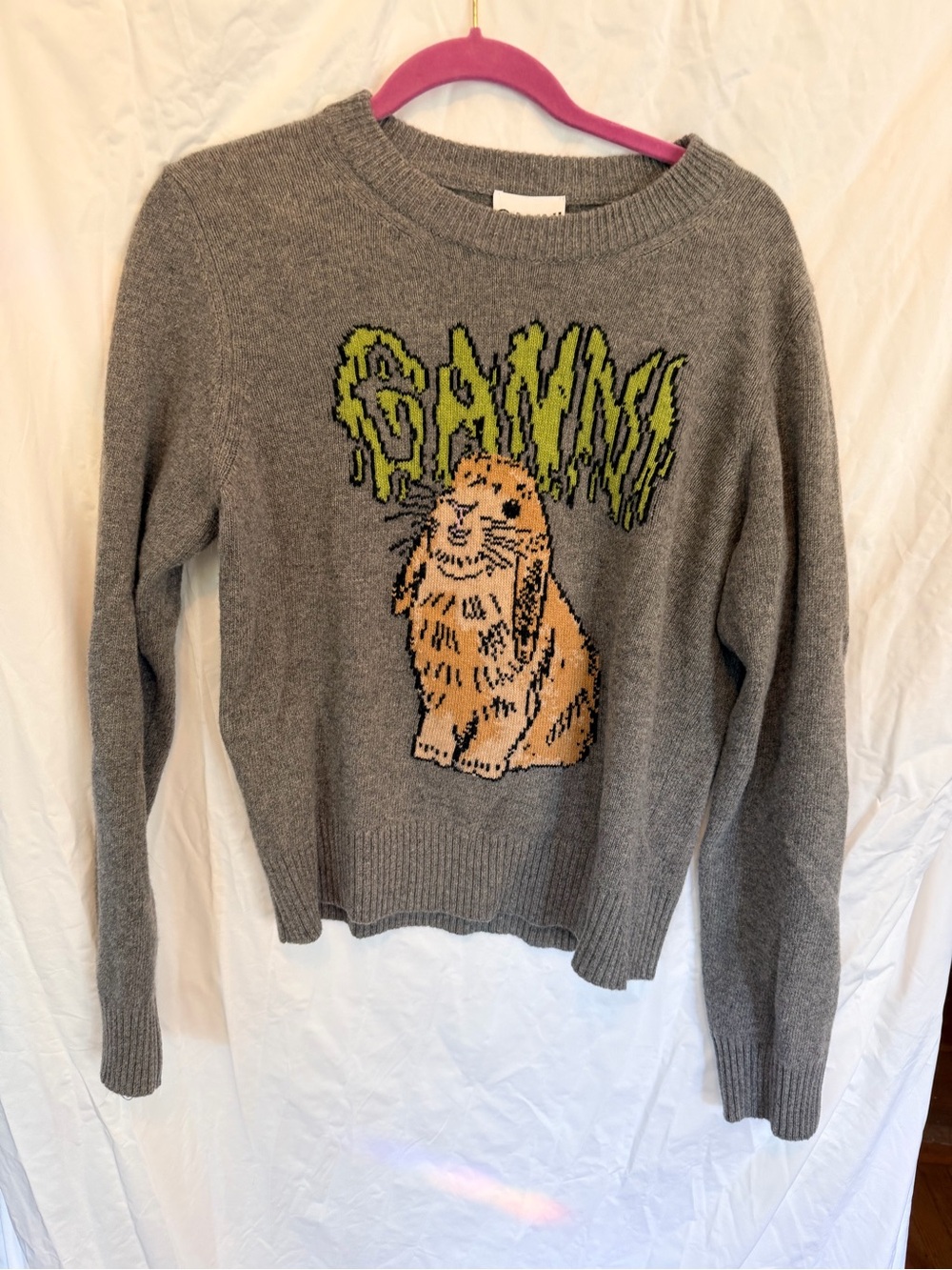 Ganni Gray Sweater with Rabbit Graphic and Lime Logo